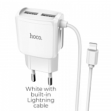 Сетевое з/у iPhone (Lightning) + 2USB hoco C59A, 2.4A, белый