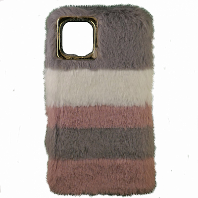 Клип-кейс iPhone 11 Меховой, Полосы, серый/розовый/белый