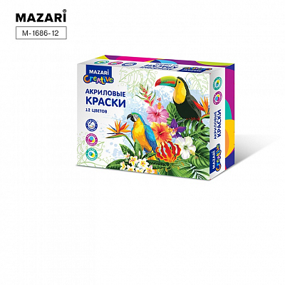 Акриловые краски MAZARI, 12 цветов, банка 20мл, картонная коробка 