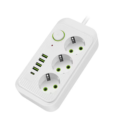 Удлинитель с USB 2 метра, 3 розетки + 4USB + Type-C AMPER 10А, 2.5 кВт, белый