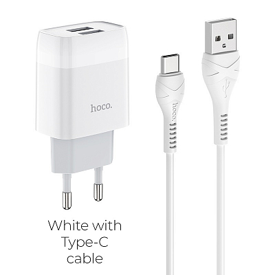 Универсальное сетевое з/у + кабель Type-C 2USB hoco C73A, 12W, 2.4A, белый