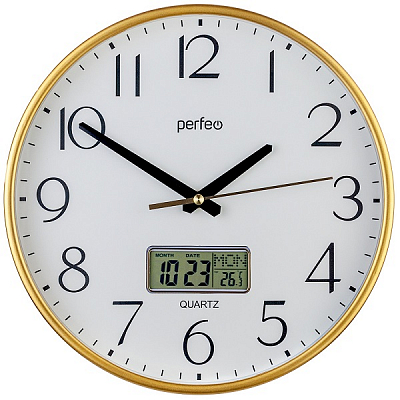 Часы настенные Perfeo  "PF-WC-013", круглые диаметр 30 см, золотой корпус / белый циферблат