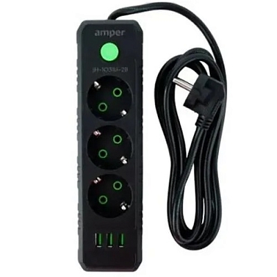 Удлинитель AMPER 2 метра, 3 розетки, 3 USB порта, 10A, 2500Вт, черный