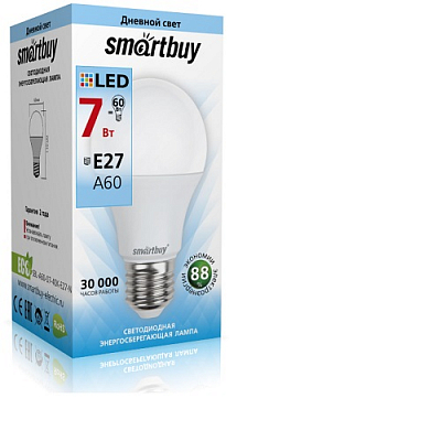 Лампа светодиодная E27 4000K 7W Smartbuy A60 (груша)