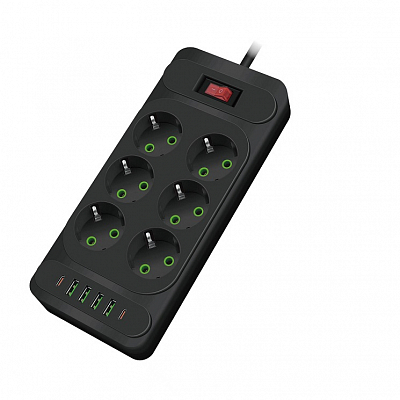 Удлинитель с USB 2 метра, 6 розеток + 4USB + 2Type-C AMPER 10А, 2.5 кВт, черный