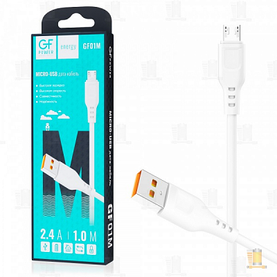 GFPower 01M USB вилка - microUSB вилка, 2.4A, белый, 1 м.