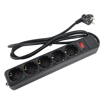 Сетевой фильтр 5 метров, 5 розеток Perfeo REAL POWER 16А, 3.5 кВт, тройная защита, черный