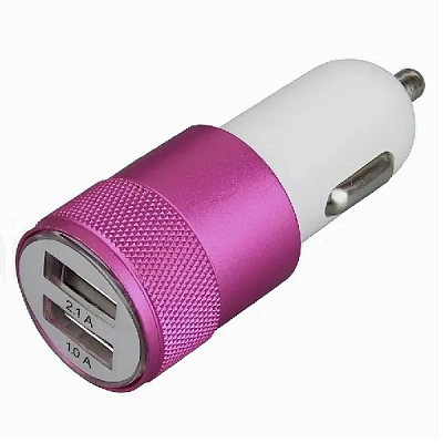 Универсальное авто з/у 2USB GSY 2.1A, круглый, металл + пластик, бело-фиолетовый