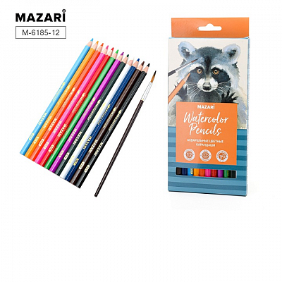 Карандаши цветные деревянные акварельные MAZARI, 12 цветов, 2B, d грифеля = 3.3 + кисть