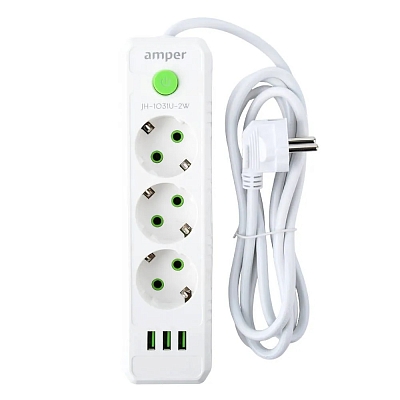 Удлинитель AMPER 2 метра, 3 розетки, 3 USB порта, 10A, 2500Вт, белый