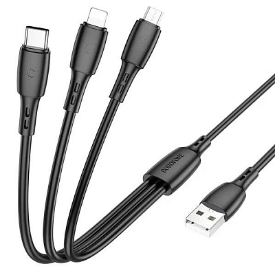 3в1 BOROFONE BX71 USB вилка - Lightning, microUSB, Type-C вилки, 2A, нейлон, черный, 1м