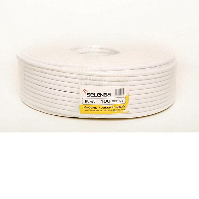 Кабель коаксиальный RG6 Selenga PVC белый, бухта 100 метров