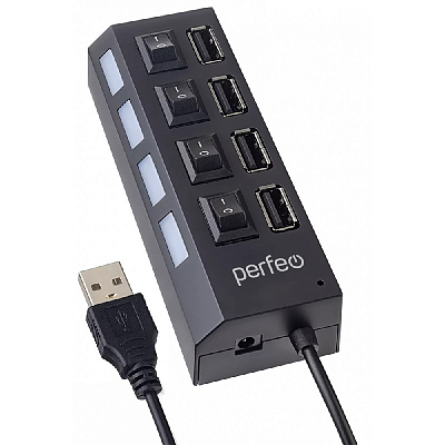 Разветвитель USB на 4 порта Perfeo H030 с переключателями, черный