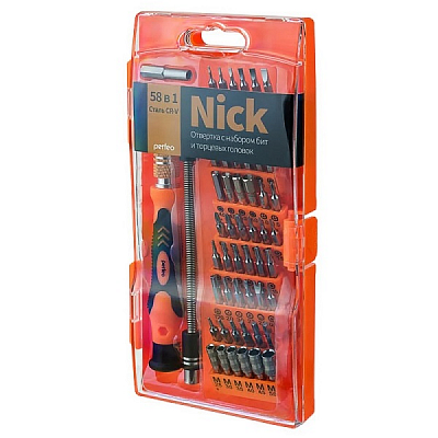 Отвертка с набором бит (насадок) 58 предмета (отвертка, зажим, 2 удлинителя, 54 биты), Nick, Perfeo