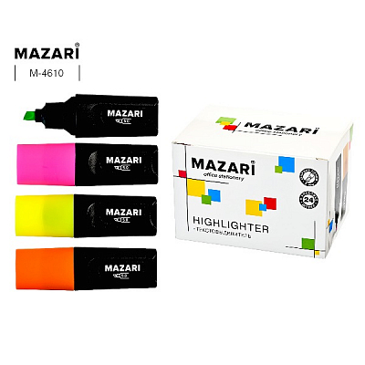 Текстовыделитель MAZARI, 4 цвета, скошенный наконечник, ширина линии письма 5мм (24)