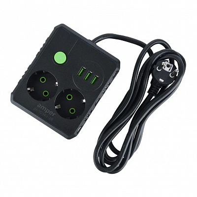 Удлинитель с USB 2 метра, 2 розетки + 3USB AMPER 10А, 2.5 кВт, черный