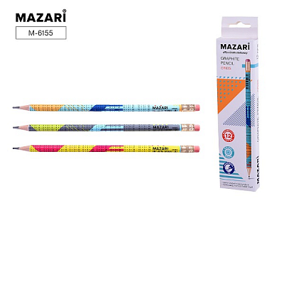 Карандаш чернографитный MAZARI пластиковый, CRIBS, НВ, с ластиком (12)