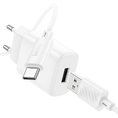 Универсальное сетевое з/у + кабель Type-C 1USB hoco C134A, 12W, 2.4A, белый