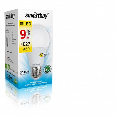 Лампа светодиодная E27 3000K 9W Smartbuy A60 (груша)