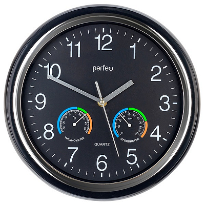 Часы настенные Perfeo  "PF-WC-012", круглые диаметр 30 см, черный корпус / черный циферблат