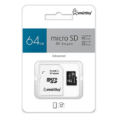Карта памяти microSDXC Smartbuy 64Gb (Class 10, UHS-3, V30, A1) + адаптер