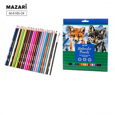 Карандаши цветные деревянные акварельные MAZARI, 24 цветов, 2B, d грифеля = 3.3 + кисть