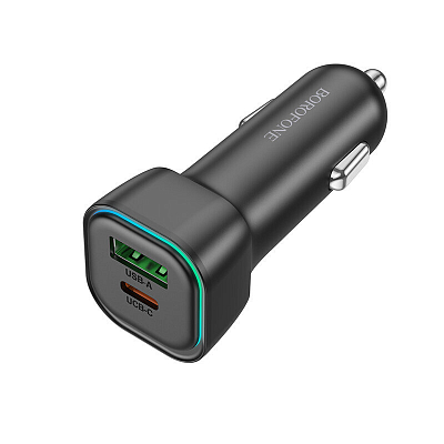 Универсальное авто з/у PD+USB BOROFONE BZ28A QC 3.0, PD+PPS 30W + USB 18W, 3A, подсветка, черный