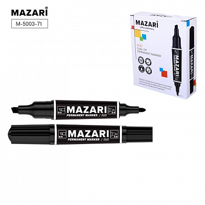 Маркер перманентный черный, двусторонний 2/6 мм, MAZARI DUO, пулевидный/ клиновидный наконечники (12