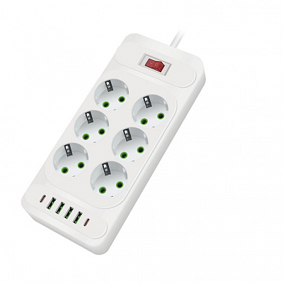 Удлинитель с USB 4 метра, 6 розеток + 4USB + 2Type-C AMPER 10А, 2.5 кВт, белый