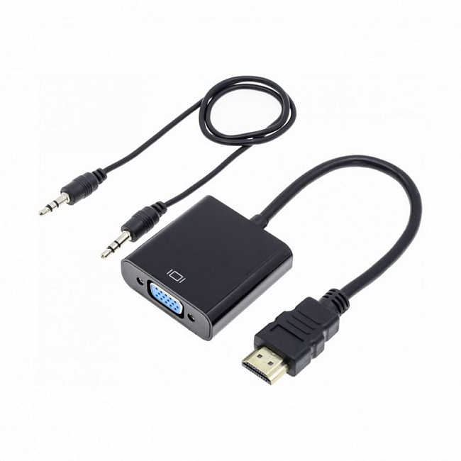 Адаптер HDMI штекер - VGA гнездо - 3.5 гнездо, черный + кабель 25 см, Dream AD2