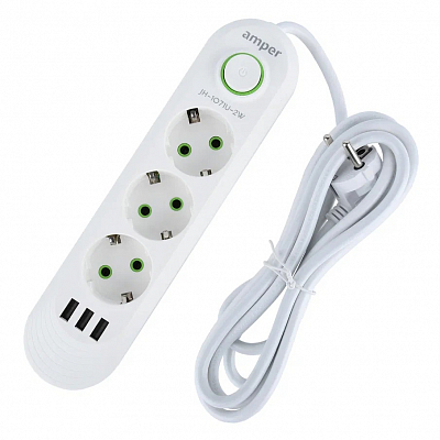 Удлинитель с USB 2 метра, 3 розетки + 3USB AMPER 10А, 2.5 кВт, белый
