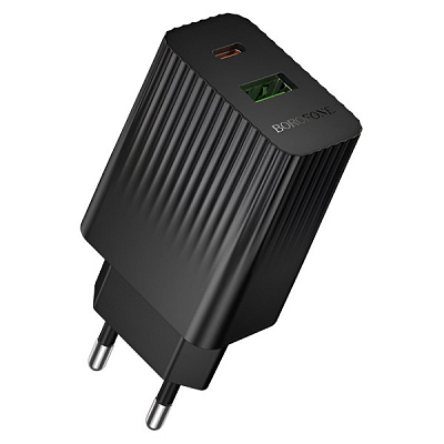 PD20+USB BOROFONE BAS74A, выход Type-C 20W и USB 18W, QC3.0, черный