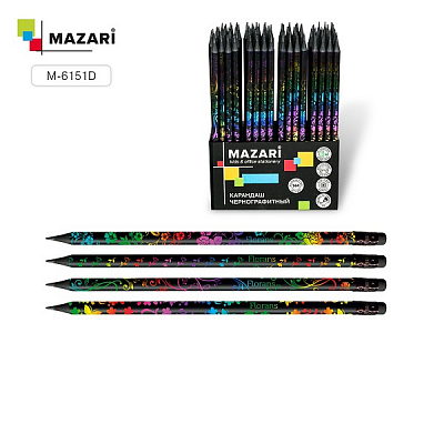 Карандаш чернографитный MAZARI пластиковый, FLORANS, НВ, с ластиком (12)