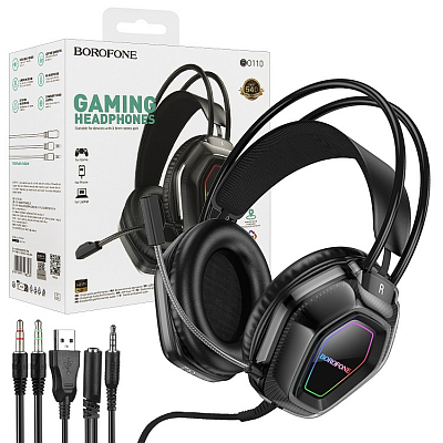 Наушники игровые BOROFONE BO110, кабель 2м, с микрофоном, разъем USB + 3.5мм, подсветка, черный