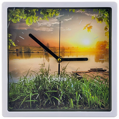 Часы настенные Perfeo "PF-WC-005", квадратные 22*22 см, белый корпус / Озеро циферблат