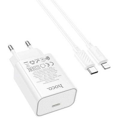 Универсальное сетевое з/у PD + кабель Type-C-Lightning hoco C143A, PD 20W, 3А, белый 
