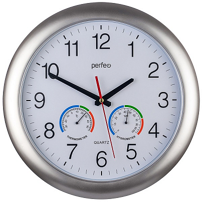 Часы настенные Perfeo  "PF-WC-021", круглые диаметр 36 см, серебряный корпус / белый циферблат