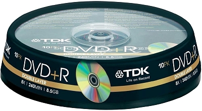 Двухслойный DVD+R DL TDK 8.5Gb 8x Cake (10)+