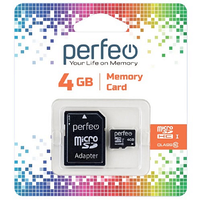 Карта памяти microSD Perfeo 4Gb HC (Class 10) + адаптер