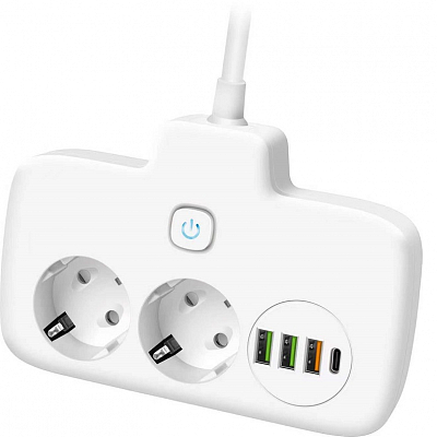 Удлинитель AMPER 0,2 метра, 2 розетки, 3 USB порта, 1 Type-C порт, 10A, 2500Вт, 1 кнопка, белый