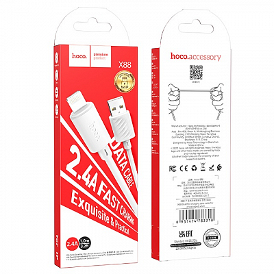 hoco X88 USB вилка - iPhone (Lightning) вилка, 2.4A, белый, 1м