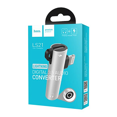 Переходник iPhone (Lightning) штекер - iPhone (Lightning) гнездо + 3.5 гнездо hoco LS21, серебро