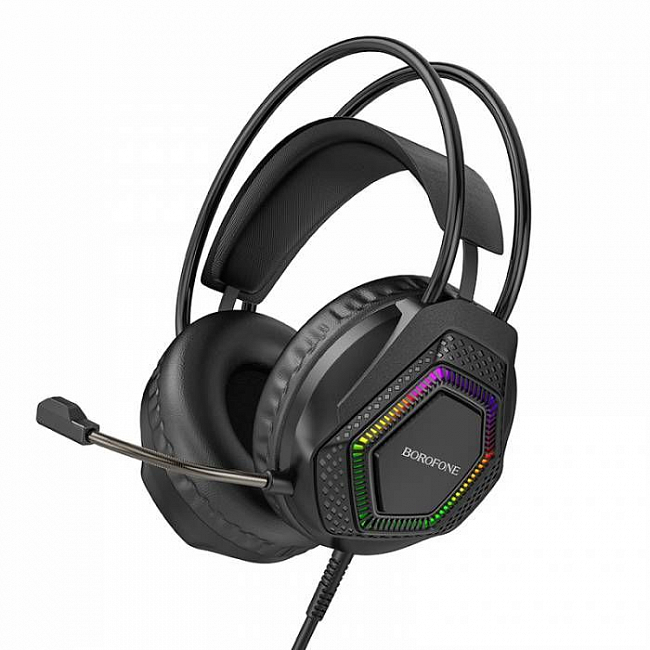 Наушники игровые BOROFONE BO105, кабель 2м, с микрофоном, разъем USB + 3.5мм, подсветка, черный