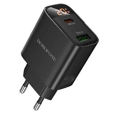 PD20+USB BOROFONE BA96A с цифровым дисплеем, выход Type-C 20W и USB 18W, QC3.0, черный