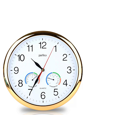 Часы настенные круглые диаметр 30см Perfeo PF-WC-012, термометр, гигрометр, золотой корпус / белый