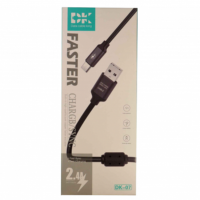 DK-07 USB вилка - microUSB вилка, 2.4А, силикон, фильтр, белый, 1.2м