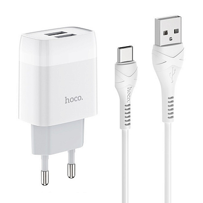 Универсальное сетевое з/у + кабель Type-C 2USB hoco C73A, 12W, 2.4A, белый