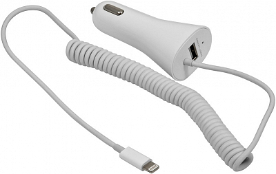 Автомобильное з/у iPhone (Lightning) + 1USB Defender ACA-01, 1A, витой, белый