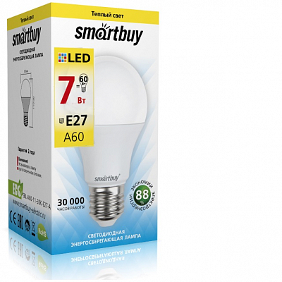 Лампа светодиодная E27 3000K 7W Smartbuy A60 (груша)