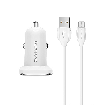 Универсальное авто з/у + кабель Micro 1USB BOROFONE BZ12A, QC3.0, 3A, белый